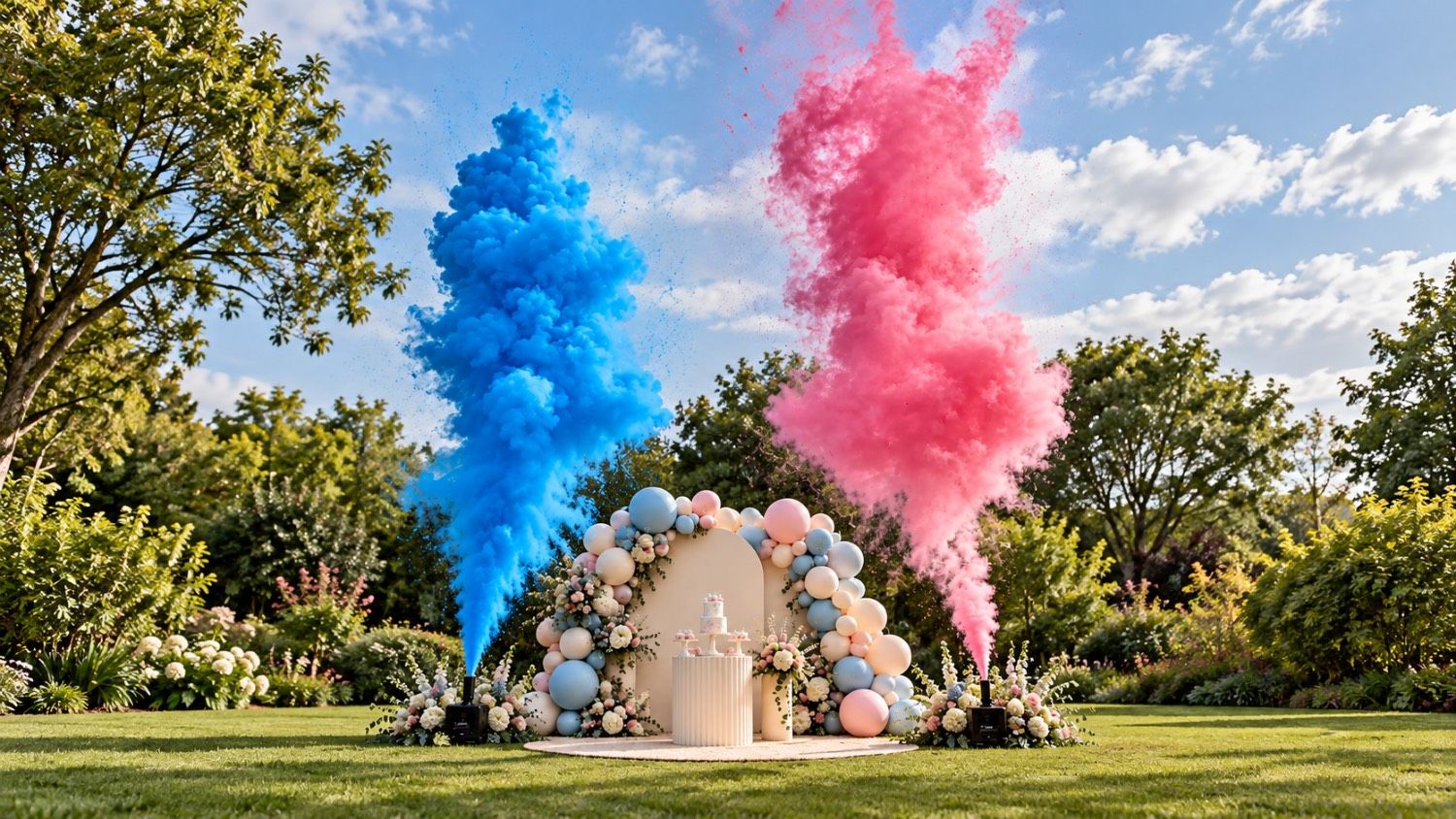 Twee elektrische poederkanonnen naast een ballonnenboog schieten een blauwe en een roze poederwolk de lucht in