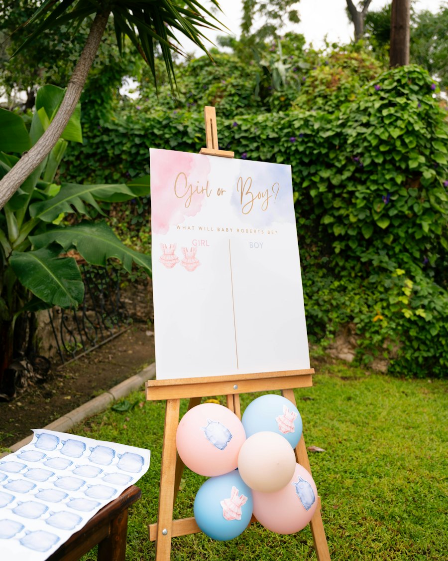 Gender reveal bord met roze en blauwe ballonnen